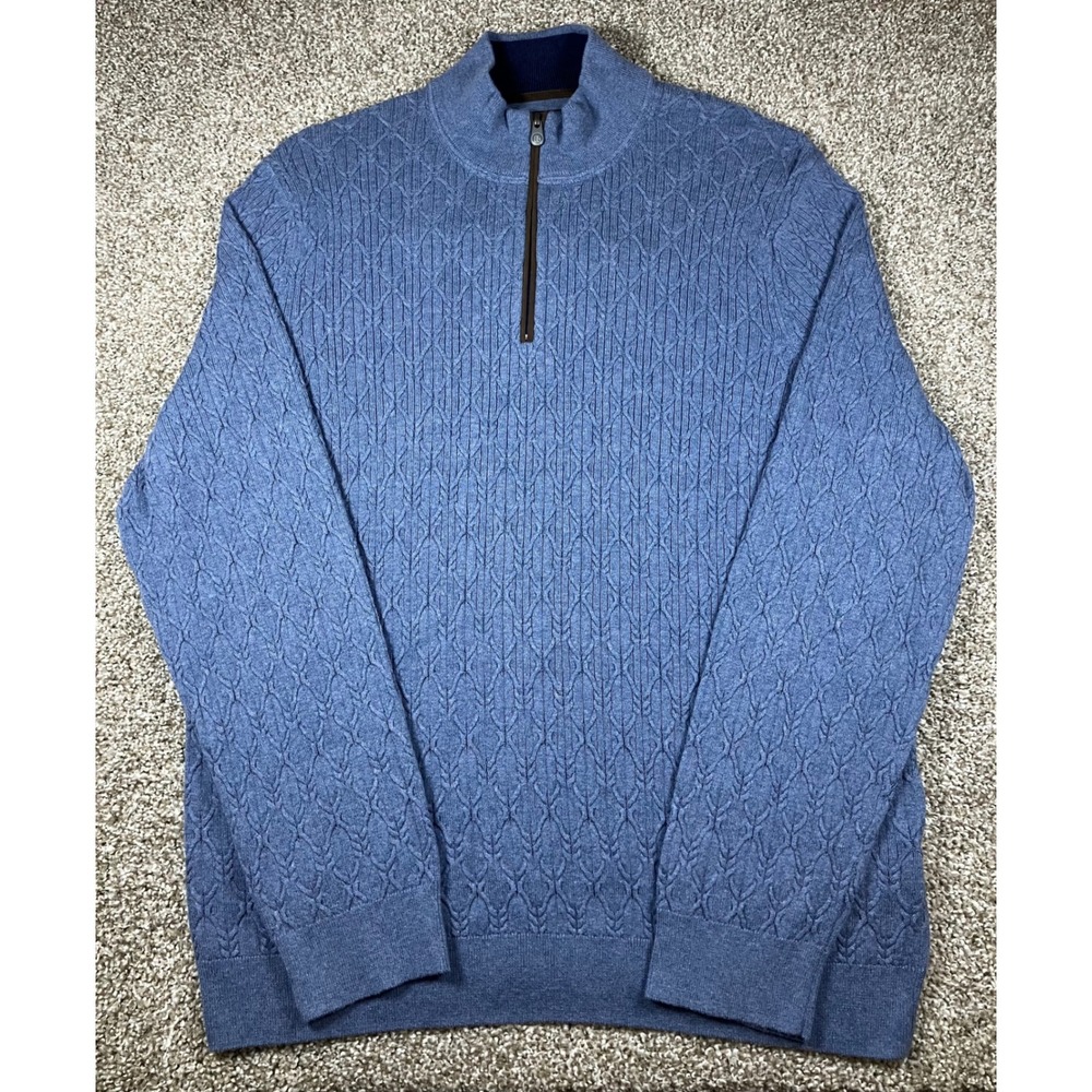 Jos. A. Bank Reserve Blue Cotton Cashmere Diamond Cable Knit 1/4 Zip Sweater XL